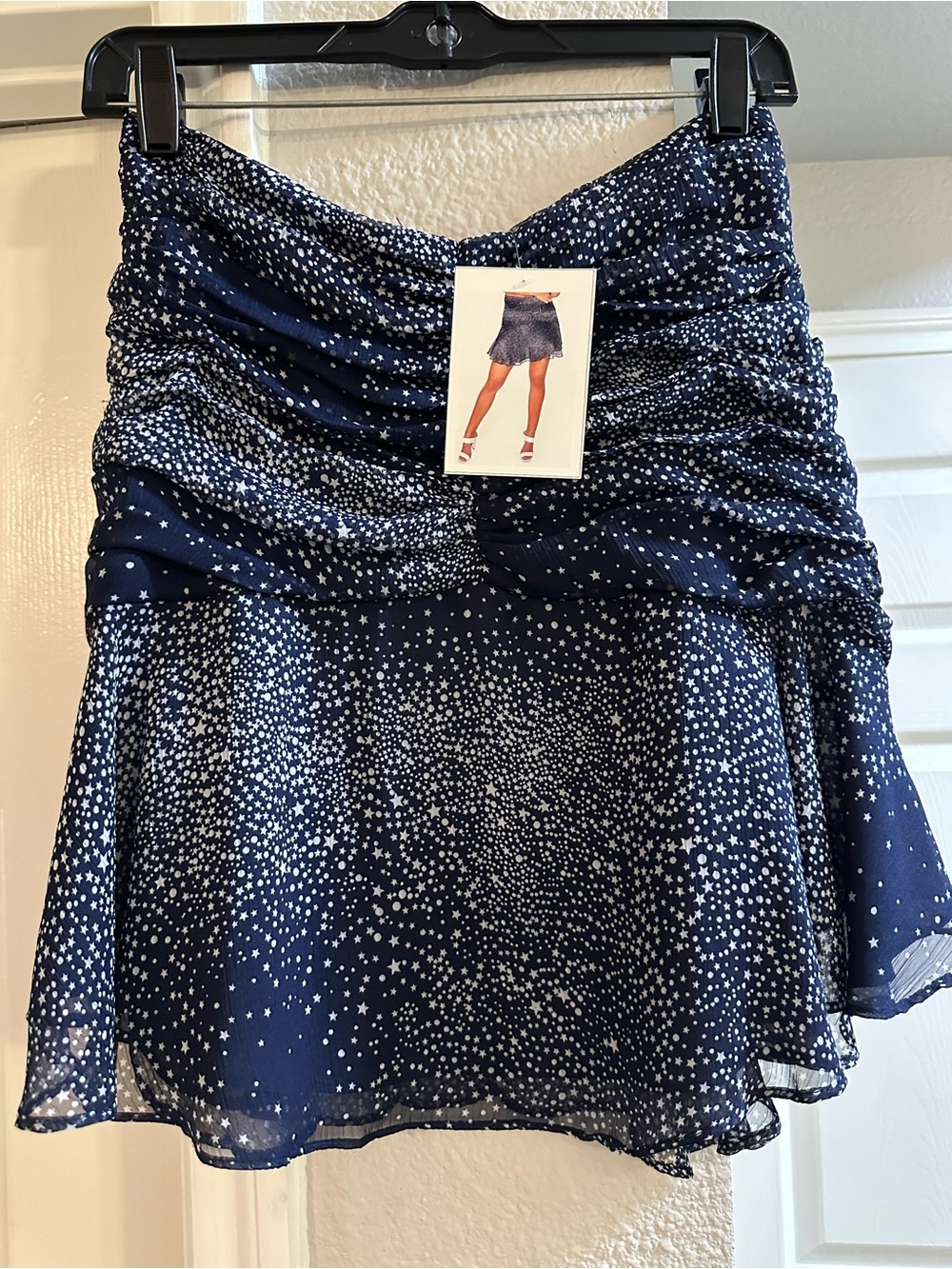 Navy Star Spangled Ruched Mini Skirt. Just in time for July 4th celebrations!